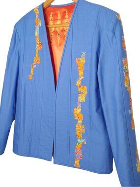 Handmade Lisa Columbe Tipsy Quilted Patchwork L Jacket Blue Satin Lined Jacket